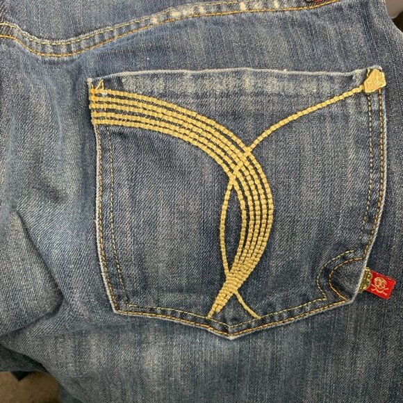 Vintage Y2K Stash House Denim Jeans 34 Med Wash Distressed Straight Embellished - Picture 5 of 8